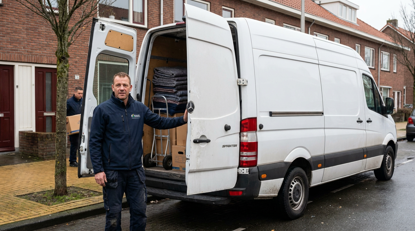 Vakman van Rotterdamse Woningontruiming bij bedrijfsbus